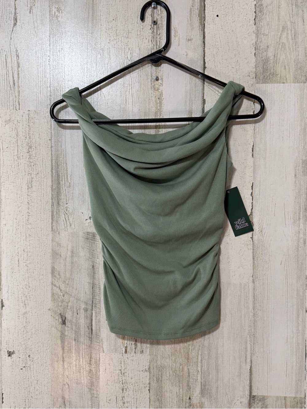 Draped Cowl Neck Slim Fit Off the Shoulder Sleeveless Top in Sage Green NWT